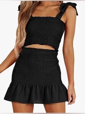 Two Piece Set: Black Smocked Mini Skirt and Tie Shirt